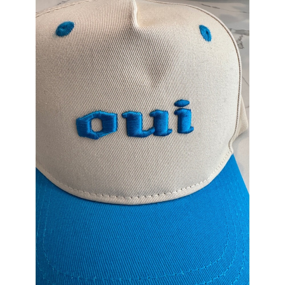 Oui Embroidered Snapback Hat Tan Blue Two Tone Stronger Than Most Cap Mens - Picture 2 of 6